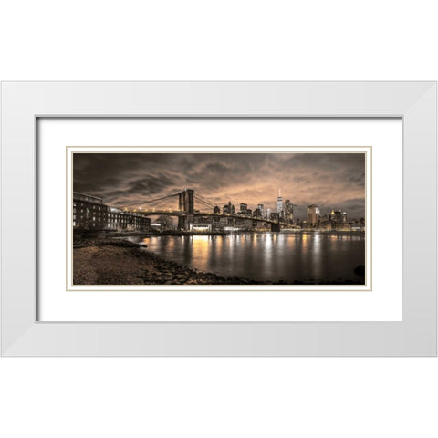 Brooklyn Bridge and Manhattan skyline, New York White Modern Wood Framed Art Print with Double Matting by Frank, Assaf