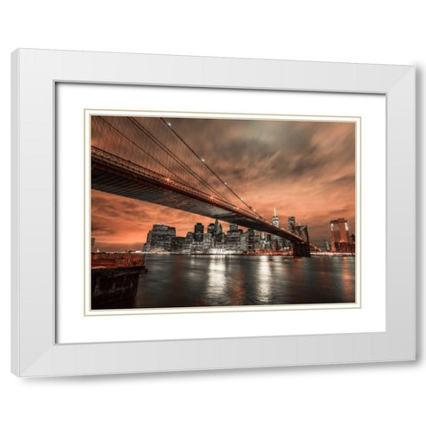 Brooklyn bridge over East river, New York White Modern Wood Framed Art Print with Double Matting by Frank, Assaf