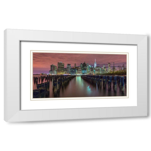 Manhattan skyline with rows of groynes in foreground, New York White Modern Wood Framed Art Print with Double Matting by Frank, Assaf
