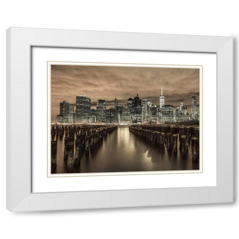 Manhattan skyline with rows of groynes in foreground, New York White Modern Wood Framed Art Print with Double Matting by Frank, Assaf