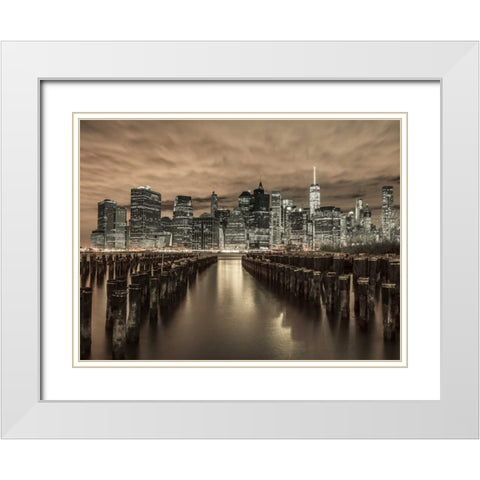 Manhattan skyline with rows of groynes in foreground, New York White Modern Wood Framed Art Print with Double Matting by Frank, Assaf