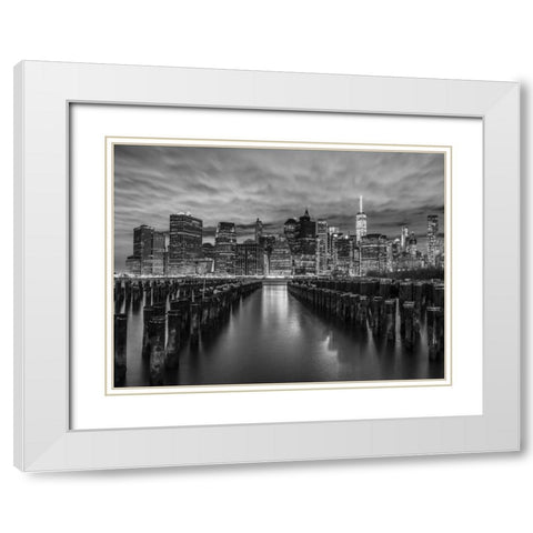 Manhattan skyline with rows of groynes in foreground, New York White Modern Wood Framed Art Print with Double Matting by Frank, Assaf