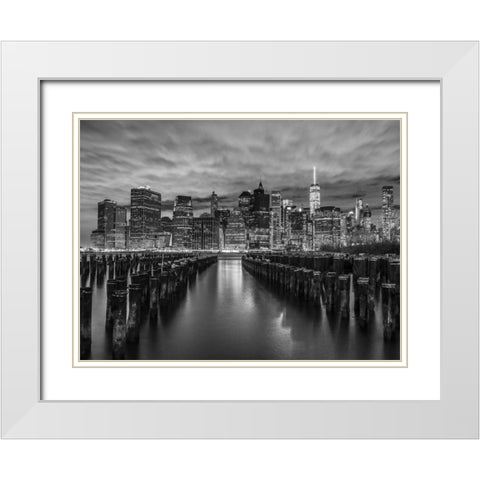Manhattan skyline with rows of groynes in foreground, New York White Modern Wood Framed Art Print with Double Matting by Frank, Assaf