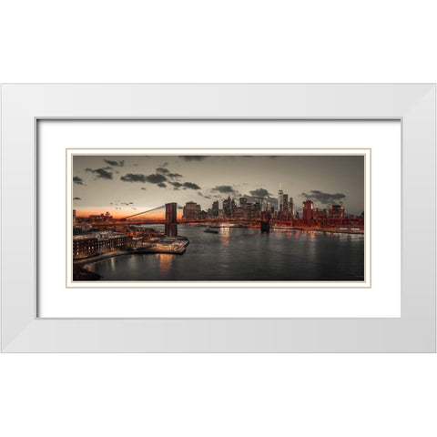 Evening view of Lower Manhattan sky-skyline with Brooklyn bridge over East river, New York, FTBR-190 White Modern Wood Framed Art Print with Double Matting by Frank, Assaf