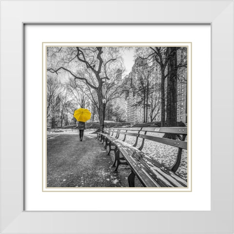 Tourist on pathway with Yellow umbrella at Central park-New York White Modern Wood Framed Art Print with Double Matting by Frank, Assaf