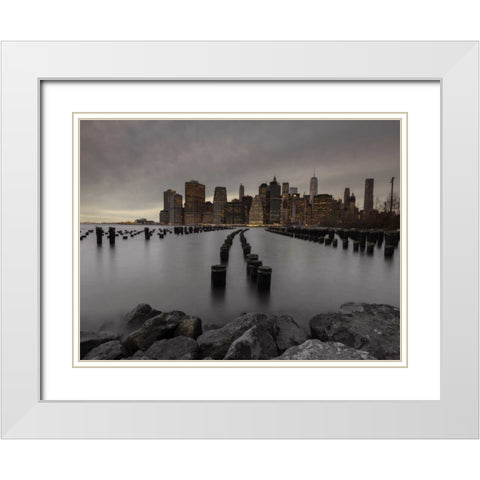 Manhattan skyline with rows of groynes in East river, New York White Modern Wood Framed Art Print with Double Matting by Frank, Assaf