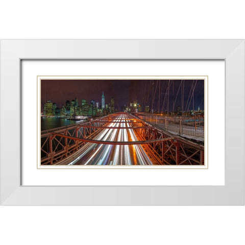 Evening view of Manhattan skyline from Brooklyn bridge White Modern Wood Framed Art Print with Double Matting by Frank, Assaf