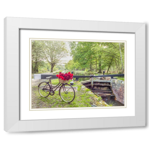 Bicycle with bunch of white roses by the canal White Modern Wood Framed Art Print with Double Matting by Frank, Assaf