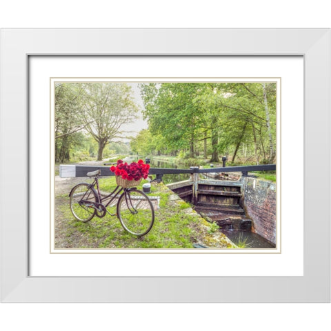 Bicycle with bunch of white roses by the canal White Modern Wood Framed Art Print with Double Matting by Frank, Assaf