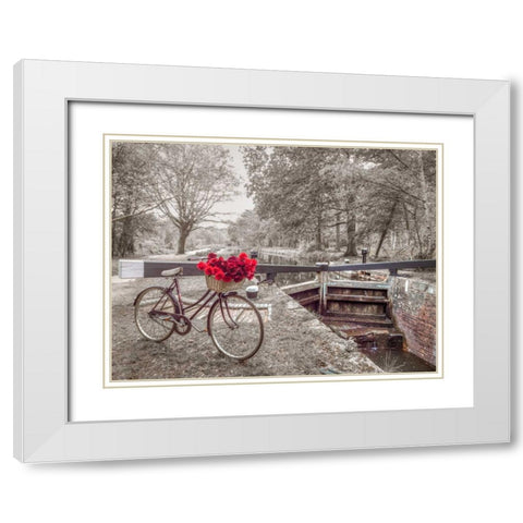 Bicycle with bunch of white roses by the canal White Modern Wood Framed Art Print with Double Matting by Frank, Assaf