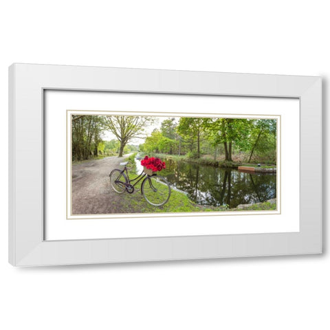 Bicycle with bunch of red roses by the canal White Modern Wood Framed Art Print with Double Matting by Frank, Assaf