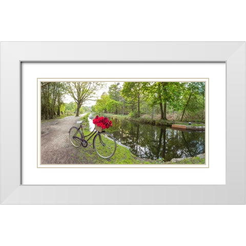 Bicycle with bunch of red roses by the canal White Modern Wood Framed Art Print with Double Matting by Frank, Assaf