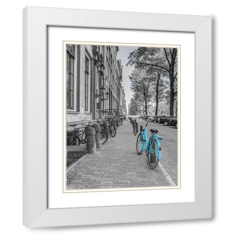 Bicycle parked on the sidewalk-Amsterdam White Modern Wood Framed Art Print with Double Matting by Frank, Assaf