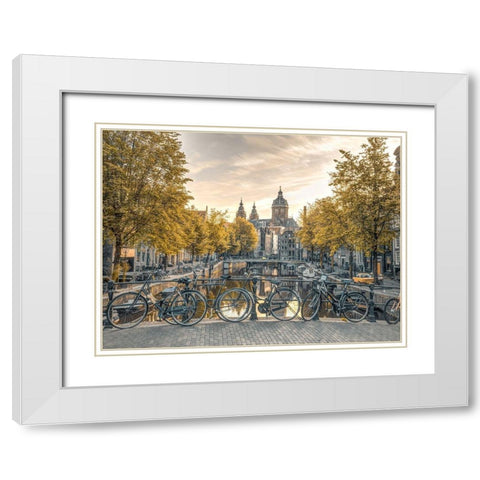 Bicycles parked along the canal-Amsterdam White Modern Wood Framed Art Print with Double Matting by Frank, Assaf