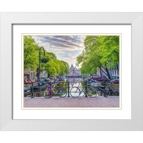 Bicycles parked along the canal, Amsterdam White Modern Wood Framed Art Print with Double Matting by Frank, Assaf