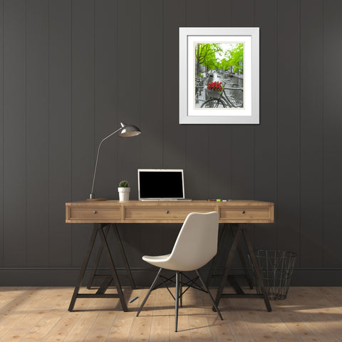 Bicycle with bunch of flowers by the canal-Amsterdam White Modern Wood Framed Art Print with Double Matting by Frank, Assaf