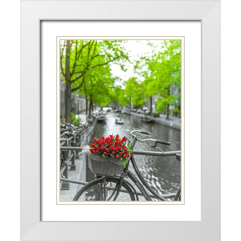 Bicycle with bunch of flowers by the canal-Amsterdam White Modern Wood Framed Art Print with Double Matting by Frank, Assaf