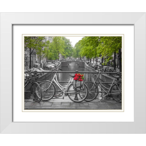 Bicycle with bunch of flowers by the canal, Amsterdam White Modern Wood Framed Art Print with Double Matting by Frank, Assaf