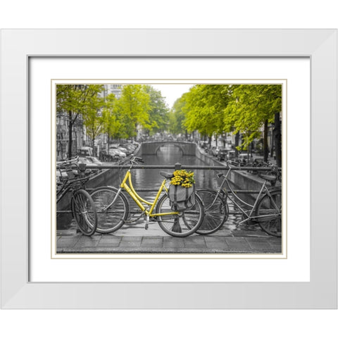 Bicycle with bunch of flowers by the canal, Amsterdam White Modern Wood Framed Art Print with Double Matting by Frank, Assaf