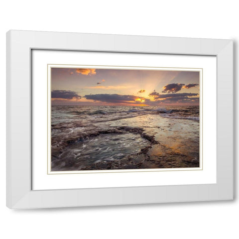 Evening view of tranquil beach White Modern Wood Framed Art Print with Double Matting by Frank, Assaf