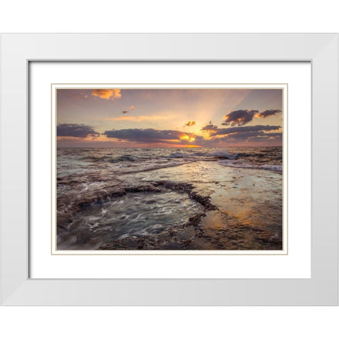 Evening view of tranquil beach White Modern Wood Framed Art Print with Double Matting by Frank, Assaf