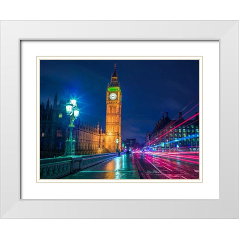 Big ben and westminster bridge with strip lights at night, London White Modern Wood Framed Art Print with Double Matting by Frank, Assaf