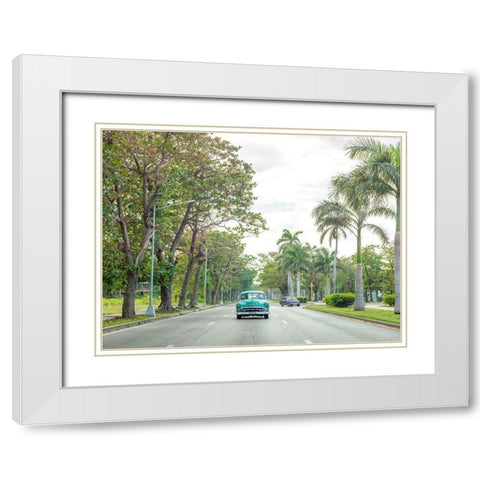 Vintage car on a road with palm trees, Cuba White Modern Wood Framed Art Print with Double Matting by Frank, Assaf