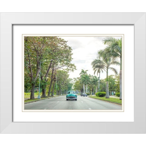 Vintage car on a road with palm trees, Cuba White Modern Wood Framed Art Print with Double Matting by Frank, Assaf