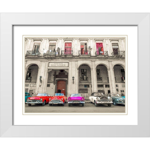 Traditional cuban cars parked in row by the road in Havava, Cuba, White Modern Wood Framed Art Print with Double Matting by Frank, Assaf