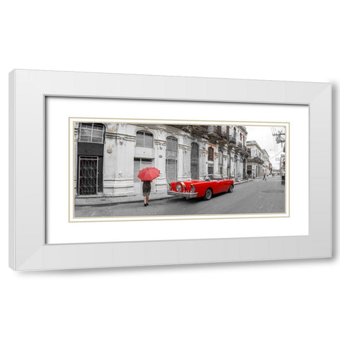 Woman with red umbrella by a vintage car on the street of Havana-Cuba White Modern Wood Framed Art Print with Double Matting by Frank, Assaf