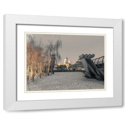 St Pauls Cathedral and Millennium Bridge in snow-London-UK White Modern Wood Framed Art Print with Double Matting by Frank, Assaf