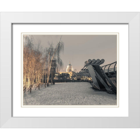 St Pauls Cathedral and Millennium Bridge in snow-London-UK White Modern Wood Framed Art Print with Double Matting by Frank, Assaf