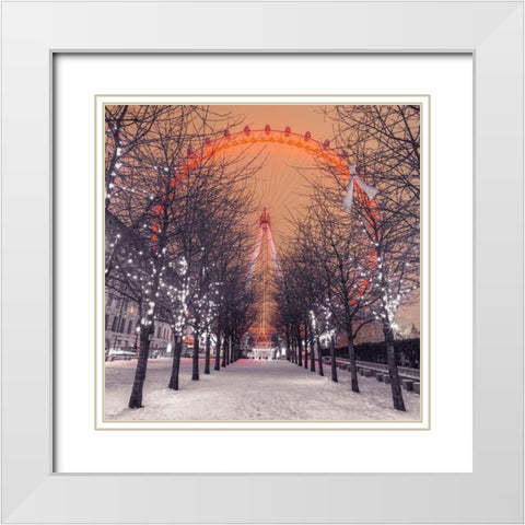 London Eye at night with trees in the foreground lit with lights and snow on the pathway-London-UK White Modern Wood Framed Art Print with Double Matting by Frank, Assaf