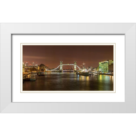 Tower Bridge and HMS Belfast at night White Modern Wood Framed Art Print with Double Matting by Frank, Assaf