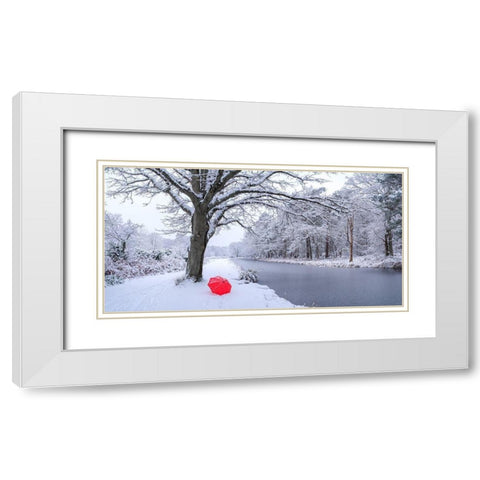 Snow covered trees by a canal White Modern Wood Framed Art Print with Double Matting by Frank, Assaf