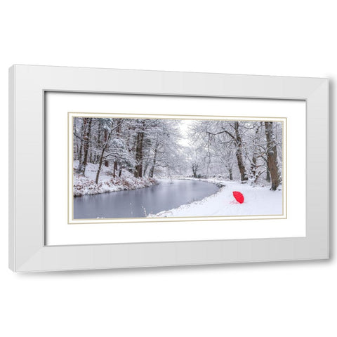 Umbrella by a snowy canal White Modern Wood Framed Art Print with Double Matting by Frank, Assaf