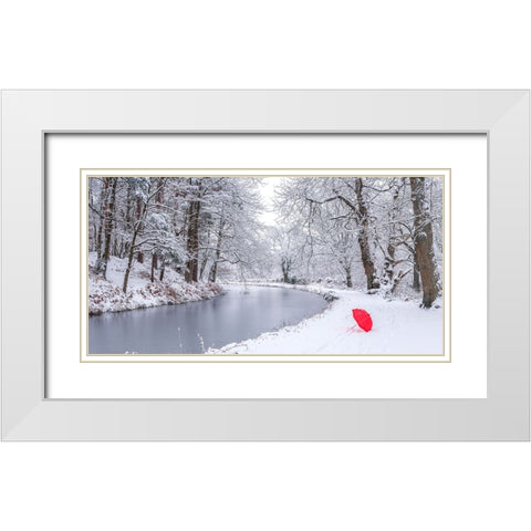 Umbrella by a snowy canal White Modern Wood Framed Art Print with Double Matting by Frank, Assaf