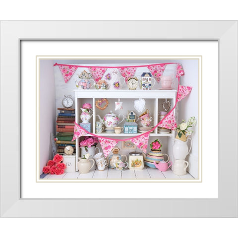 Vintage tea pots, cups , clocks with bunting White Modern Wood Framed Art Print with Double Matting by Frank, Assaf