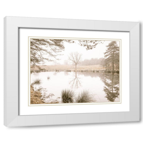 Misty trees around a lake White Modern Wood Framed Art Print with Double Matting by Frank, Assaf