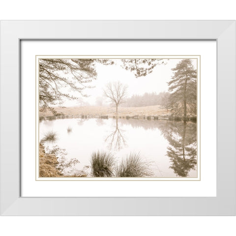 Misty trees around a lake White Modern Wood Framed Art Print with Double Matting by Frank, Assaf
