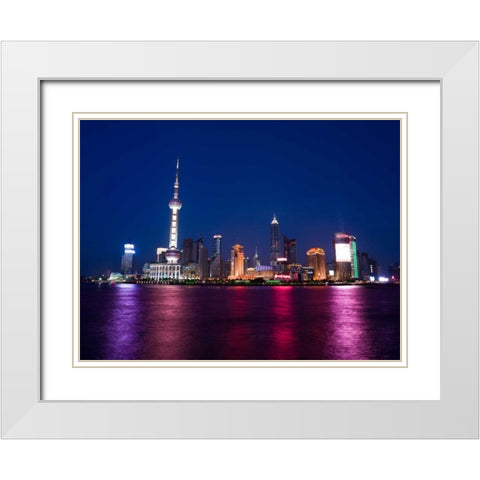 AF20050506 Shanghai Skyline Night 001C05 White Modern Wood Framed Art Print with Double Matting by Frank, Assaf