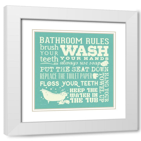Bath Rules - Green White Modern Wood Framed Art Print with Double Matting by Marrott, Stephanie