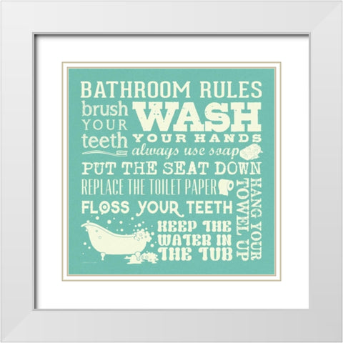Bath Rules - Green White Modern Wood Framed Art Print with Double Matting by Marrott, Stephanie