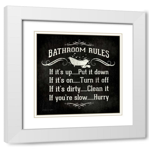 Bathroom Rules - Black White Modern Wood Framed Art Print with Double Matting by Marrott, Stephanie