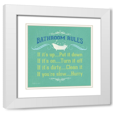 Bathroom Rules  - Green White Modern Wood Framed Art Print with Double Matting by Marrott, Stephanie