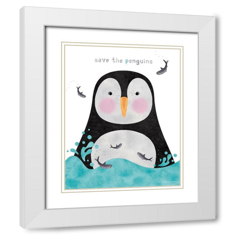 Save The Penguins White Modern Wood Framed Art Print with Double Matting by Marrott, Stephanie