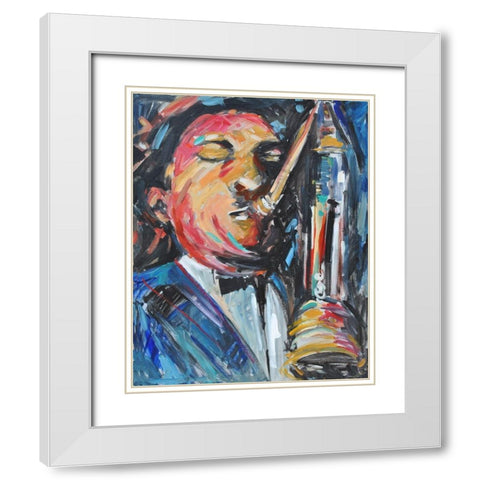 Sax Man White Modern Wood Framed Art Print with Double Matting by Stevens, Allayn