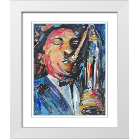 Sax Man White Modern Wood Framed Art Print with Double Matting by Stevens, Allayn