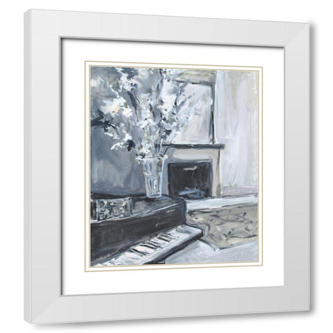 Piano And Fireplace White Modern Wood Framed Art Print with Double Matting by Stevens, Allayn