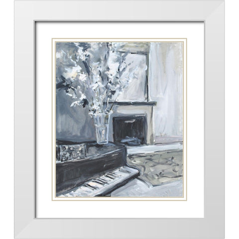 Piano And Fireplace White Modern Wood Framed Art Print with Double Matting by Stevens, Allayn